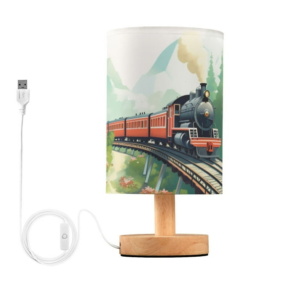 Vehicle Train Landscape Bedside Table Lamp LED Warm Lights with USB Charging Port Retro Cylinder Desk Lamps for Bedroom Living Room Office Coffee Bar Decoration