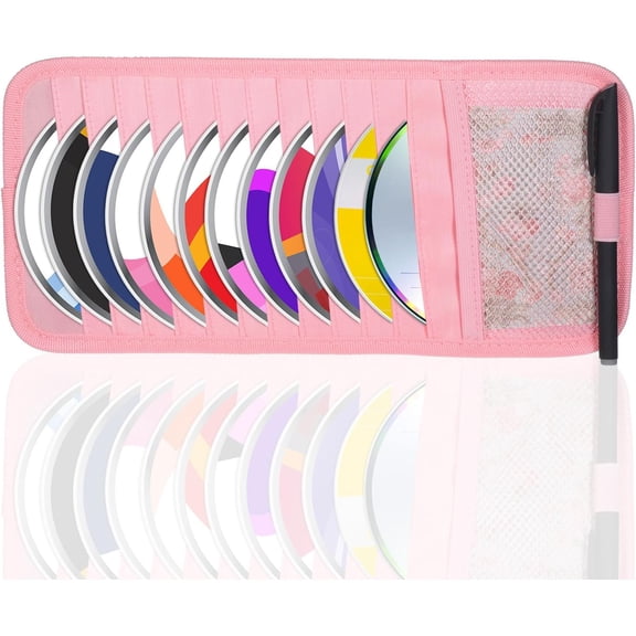 Vehicle Visor Storage Orangizer Vehicle Sun Visor Organizer Large Capacity CD Case With 12 DVD Storage Sleeves, Mesh Pocket, Pen Holder And Elastic Strap, Pink Canvas Material