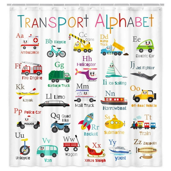 Vehicles Alphabet Shower Curtain for Kids,Kid Excavator Tractor Machinery Trucks Shower Curtain,Construction Vehicle Shower Curtain For Boys, Bulldozer Crane Bath Curtain Equipment Truck Bath Curtain