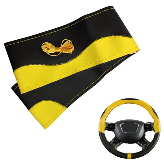 Vehicles Automotive Car DIY Black With Yellow Leather Steering Wheel Cover Wrap Sew-on Kit 15inch