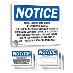 Vehicles Subject To Search By Entering This OSHA Notice Vinyl Decal Label 5 Inch x 3.5 Inch - 10 Pack