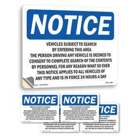 Vehicles Subject To Search By Entering This OSHA Notice Vinyl Decal Label 5 Inch x 3.5 Inch - 5 Pack