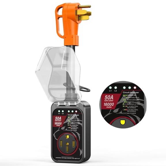 Vehiker 16000 Joules-RV Surge Protector 50 Amp with LED Display, 𝐍𝐞𝐰 𝐔𝐩𝐠𝐫𝐚𝐝𝐞𝐝 RV Power Surge Voltage Protection, RV Adapter Plug for Camper, Circuit Analyzer for Travel Trailers with Waterpoof Cover