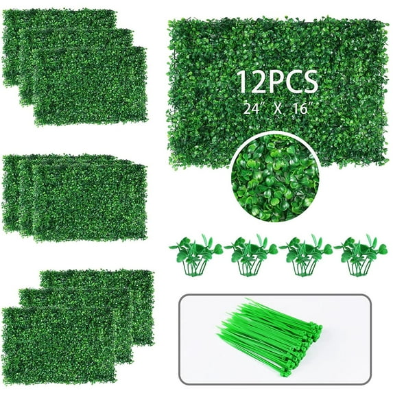 12PCS Artificial Boxwood Grass Wall Panels for 31 SQ feet, 24" x 16" Faux Hedge Grass Backdrop Wall Privacy Fence UV Protection for Indoor, Wedding, Party, Outdoor Garden, Backyard Fence Decoration