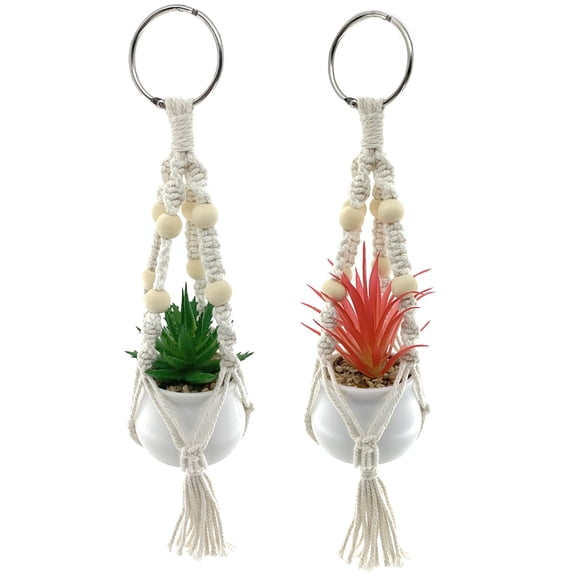Vehomy 2 Pack Mini Macrame Plant Hanger Car Rear View Mirror Charm Hanging Accessories Car Office Home Wall Hallway Plant Hangers with Artificial Succulent Plants and Pots for Plant Lover