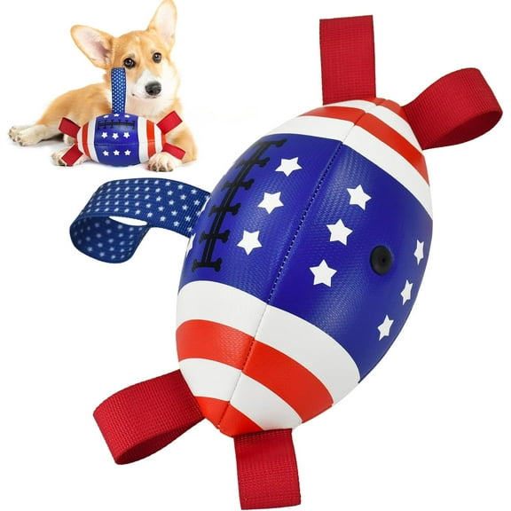 Vehomy Dog Footballl with Straps 4th of July Puppy Interactive Ball Toy for Tug of War Independence Day Pet Tug Ball Toy with American Flag Pattern for Medium Large Dogs （S）