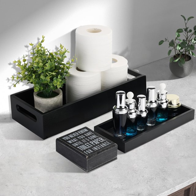 Veichin Bathroom Decor Counter Tray, Bamboo Vanity Tray with Double