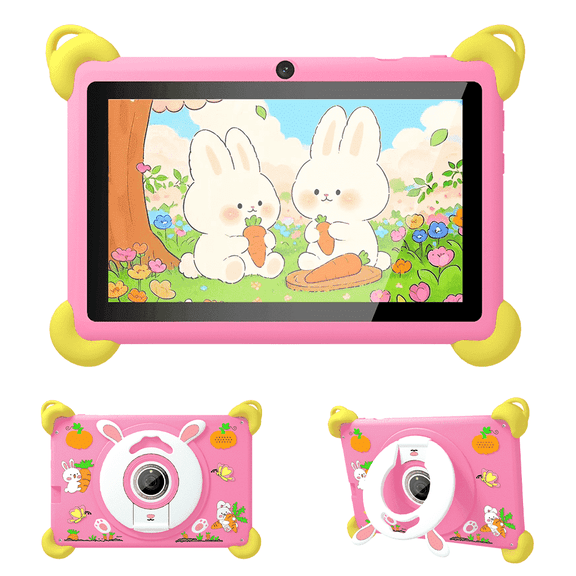 Veidoo 7-inch Android Kids Tablet, 2+32GB, Dual Cameras, Shockproof Case, Rabbit Stand Integrated Design, Detachable Shoulder StrapQuad-Core Processor, iwawaAPP, Parental Control(Pink)