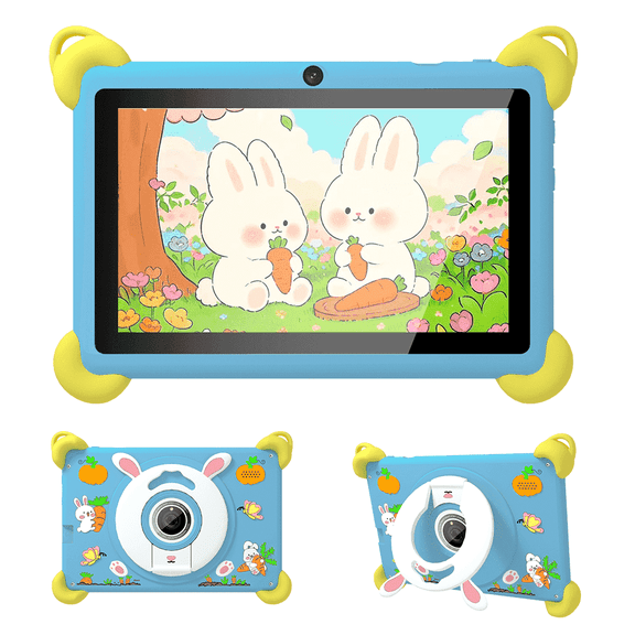 Veidoo 7-inch Android Kids Tablet, 2+32GB, Dual Cameras, Shockproof Case, Rabbit Stand Integrated Design, Detachable Shoulder Strap,Quad-Core Processor, iwawaAPP, Parental Control(Blue)