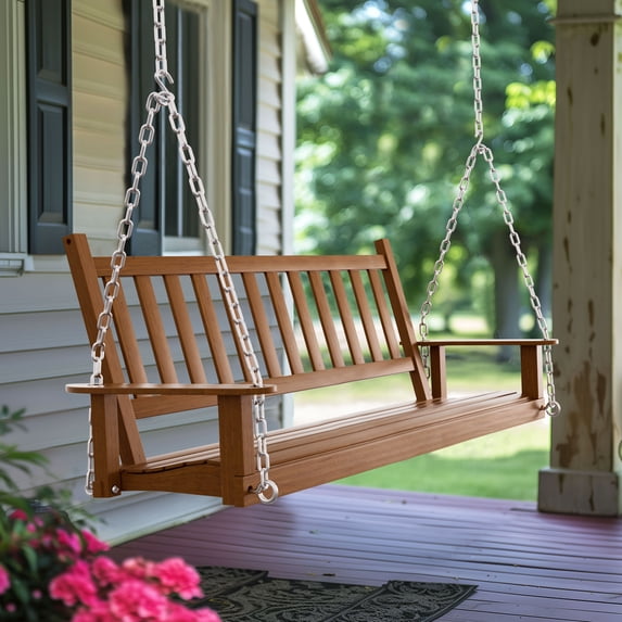 VEIKOUS 3 Seat Outdoor Wood Swing with Hanging Chains, Natural