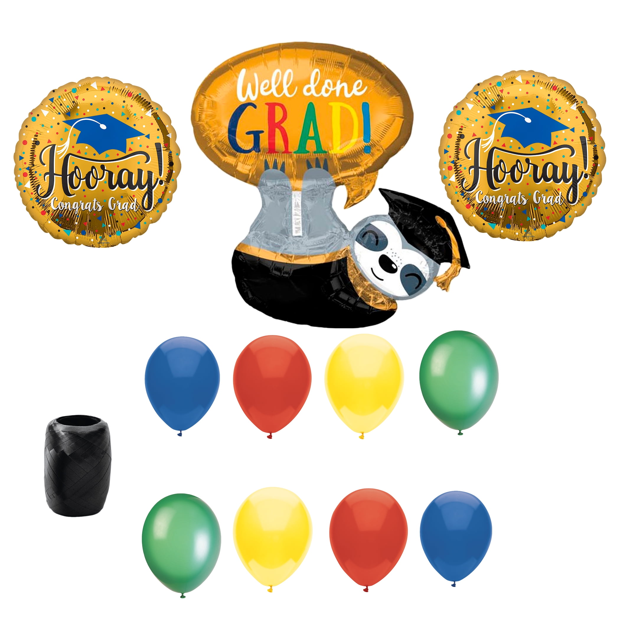 Veil Entertainment Hooray Well Done Grad Cap Sloth Trendy 11pc Graduation Balloons, Gold Multi