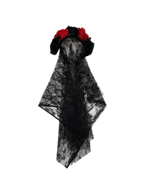 Veil Headband, Gothic Floral Headpiece, Spanish Lace Trim, Skeleton Lining, Elastic Fit, for Halloween Cosplay Photo(lxf)