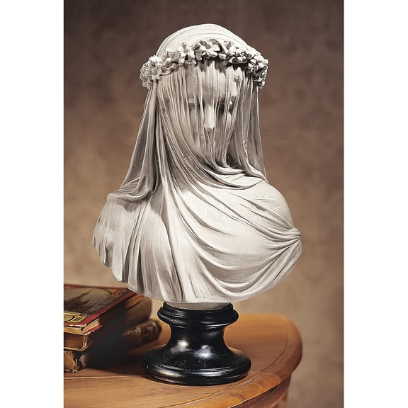 Veiled Maiden Indoor Bust Statue, 9 Inch Wide, 14 Inch Tall, Cast Stone Resin, Antiqued White Finish with a Black Painted Base