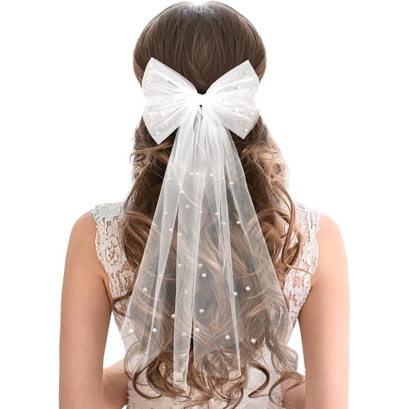 Veils For Women Wedding, Wedding Veils For Brides, Elegant Bridal Veil White Pearl Hair Clip Bridesmaid Veil Bridal Wedding Bachelorette Party Hair Accessories(Flat Tail)