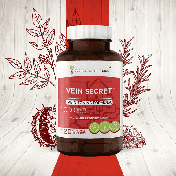 Secrets of the Tribe Vein Secret Capsules Dietary Supplement, Natural Herb Blend, Made from Butcher's Broom, Horse Chestnut, Prickly Ash, Rosemary, Stoneroot 120 Count