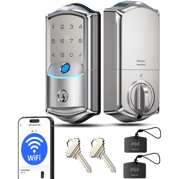 Veise VE027 Built-in Wi-Fi Smart Lock, Fingerprint Keyless Entry Front Door Lock, App Remote Control, No Hub Needed, Keypad Deadbolt, IP65 Waterproof, Auto Lock, BHMA Grade 3, Satin Nickel