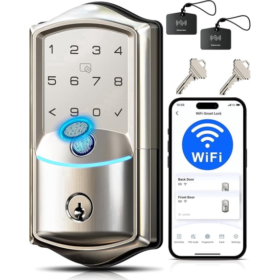 Veise Built-in Wi-Fi Smart Lock, Fingerprint Keyless Entry Front Door Lock, App Remote Control, No Hub Needed, Keypad Deadbolt, IP65 Waterproof, Auto Lock, BHMA Grade 3, Satin Nickel