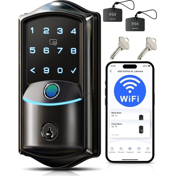 Veise Built-in Wi-Fi Smart Lock, Fingerprint Keyless Entry Door Lock, App Remote Control, No Hub Needed, Keypad Deadbolt, IP65 Waterproof, BHMA Grade 3, Matte Black