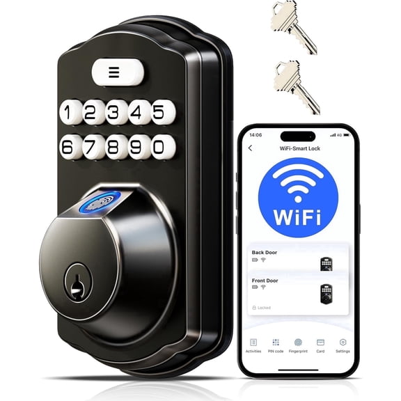 Veise Wifi Fingerprint Smart Lock, Keyless Entry, Digital Keypad Deadbolt, App Remote Control, Easy Installation, Matte Black
