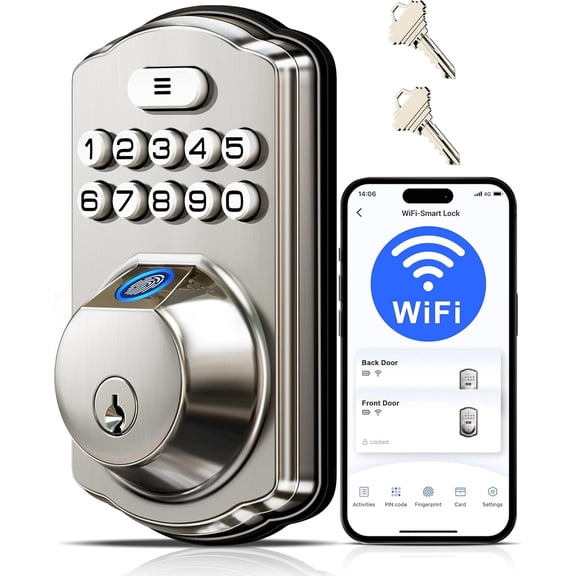 Veise Built-in WiFi Fingerprint Smart Lock, App Remote Control, No Hub Needed, Keyless Entry, Front Door Smart Deadbolt, Digital Keypad, Auto Lock, IP55 Waterproof, BHMA Grade 3, Satin Nickel