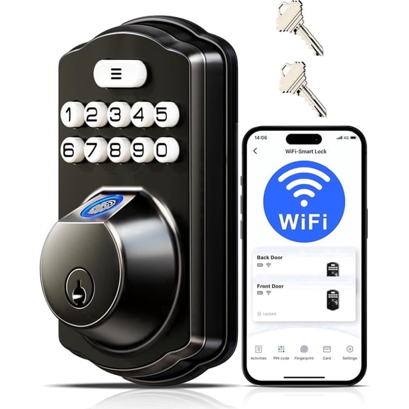 Veise Wifi Fingerprint Smart Lock, Keyless Entry, Digital Keypad Deadbolt, App Remote Control, Easy Installation, Matte Black