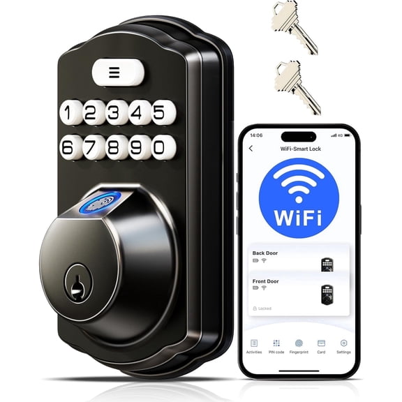 Veise Built-in WiFi Fingerprint Smart Lock, App Remote Control, Keyless Entry, Digital Keypad Deadbolt, Auto Lock, IP55 Waterproof, Matte Black