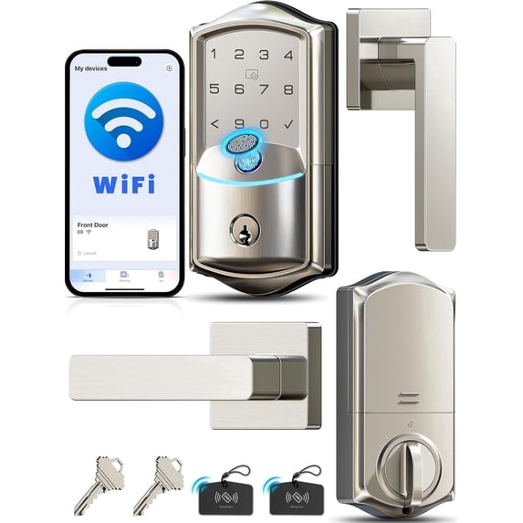 Veise Wifi Fingerprint Smart Locks for Front Door with 2 Lever Handle Set, Keyless Entry, Electronic Digital Keypad Deadbolt, App Control, Auto Lock, Easy to Install, Satin Nickel