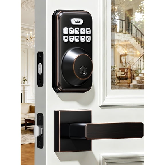 Veise DK01-B Keyless Entry Deadbolt Lock with Handle Set, Oil Rubbed Bronze | 21 User Password, Anti-Peeping & One-time Code, Auto-Lock, 2 Backup Keys, Backlit Keypad, IP54 Waterproof, for Front Door