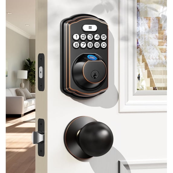 Veise Fingerprint Door Lock with 2 Knobs - Keyless Entry Door Lock with Knob, Electronic Keypad Deadbolt, Smart Front Handle Set, Auto-Locking, Waterproof, Easy Installation, Oil-Rubbed Bronze
