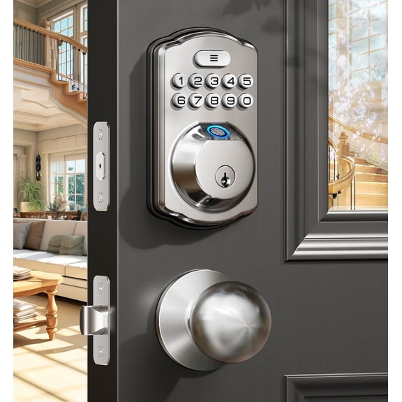 Veise Fingerprint Door Lock with 2 Knobs, Keyless Entry Door Lock with Knob, Electronic Keypad Deadbolt, Waterproof, Easy Installation, Satin Nickel