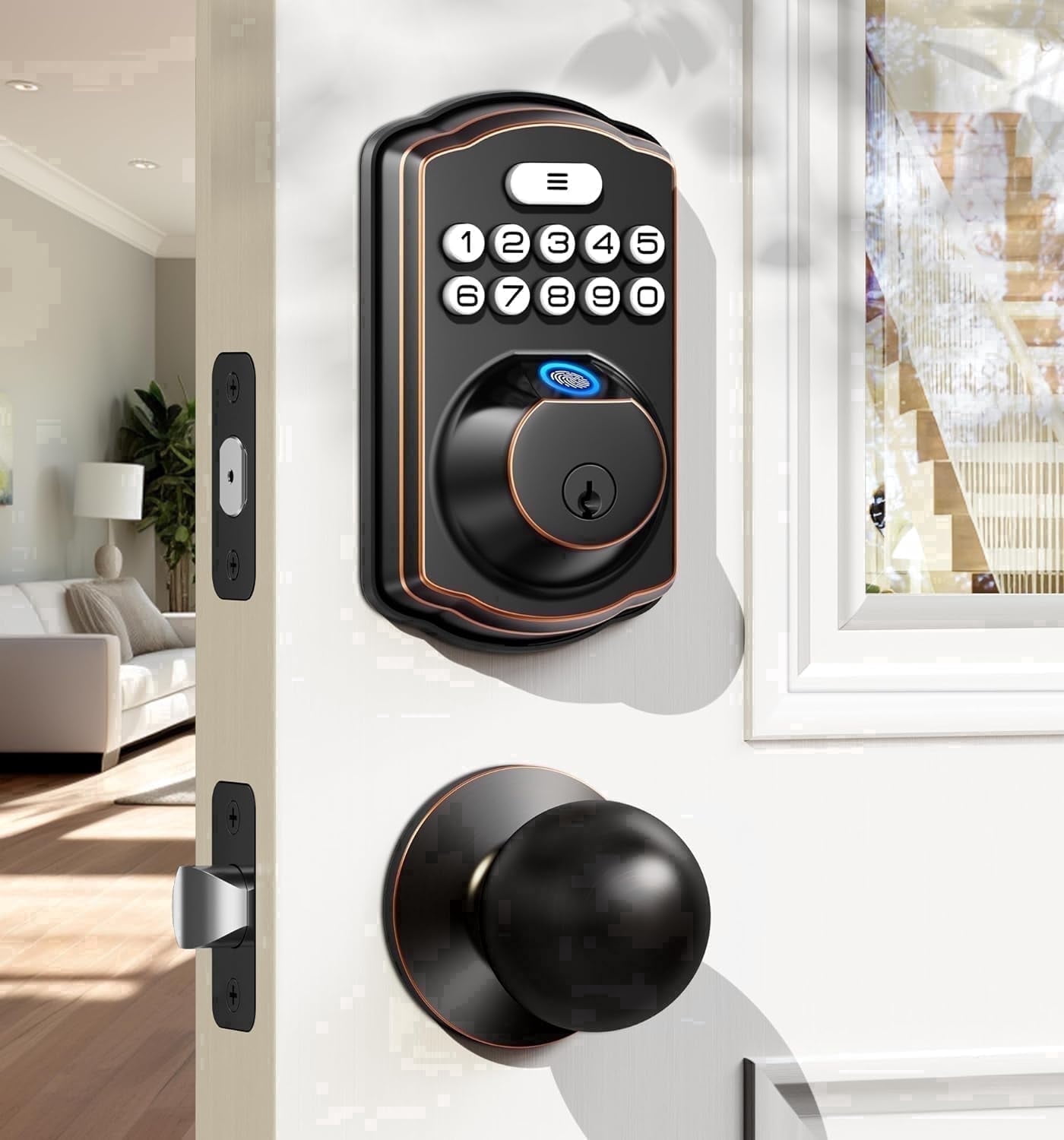 Veise Fingerprint Door Lock with 2 Knobs, Keyless Entry Door Lock with Knob, Electronic Keypad Deadbolt, Waterproof, Easy Installation, Bronze