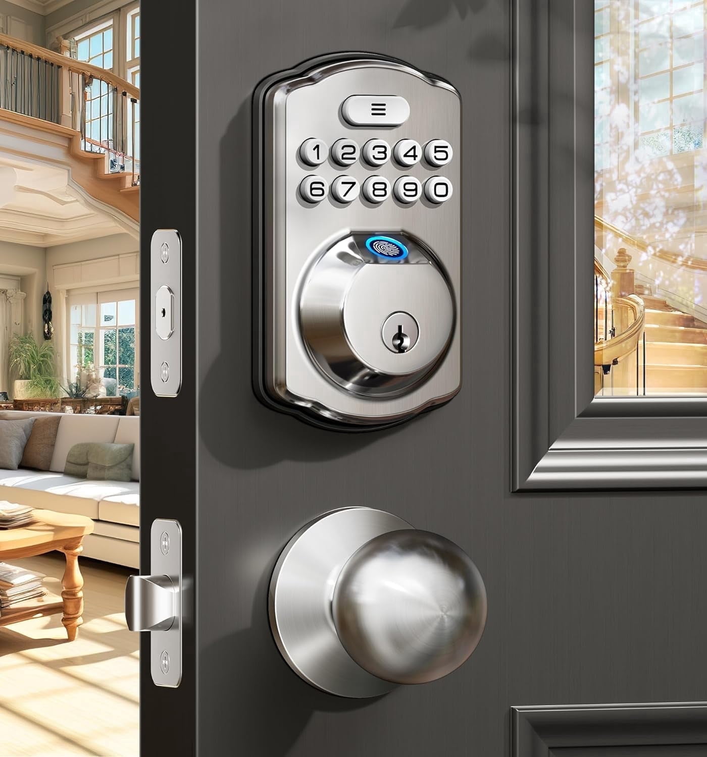Veise Fingerprint Door Lock with 2 Knobs, Keyless Entry Door Lock with Knob, Electronic Keypad Deadbolt, Waterproof, Easy Installation, Satin Nickel