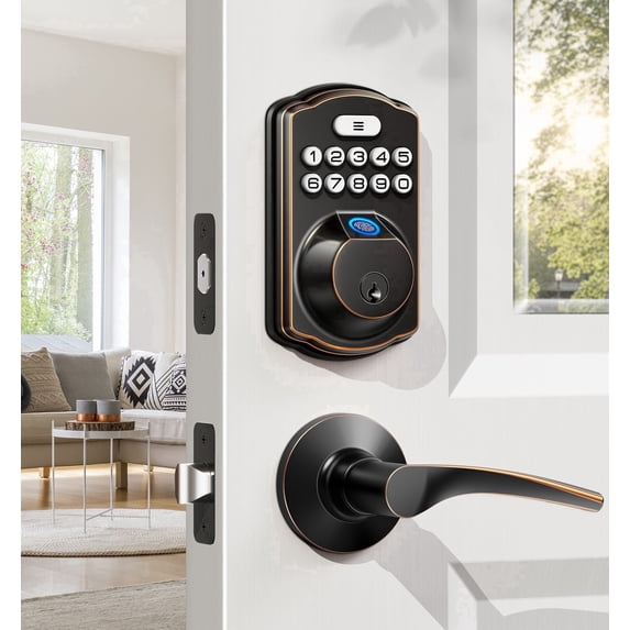 Veise Keyless Entry Door Lock with Handles, Fingerprint Keypad Deadbolt, Easy Installation, Oil Rubbed Bronze