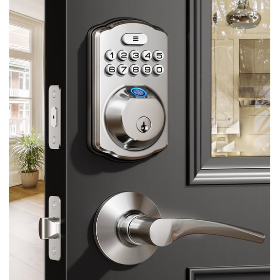Veise Keyless Entry Door Lock with 2 Lever Handles, Fingerprint Door Lock, Digital Keypad Deadbolt, Easy Installation, Satin Nickel