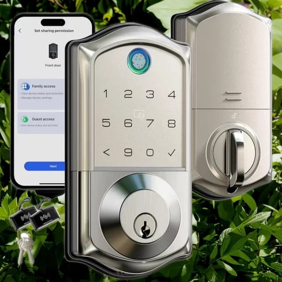 Veise Fingerprint Smart Door Lock, App Control, 7-in-1 Keyless Entry, Auto Lock, Emergency Power Port, Electronic Touchscreen Keypad, Biometric Smart Locks for Front Door, Satin Nickel