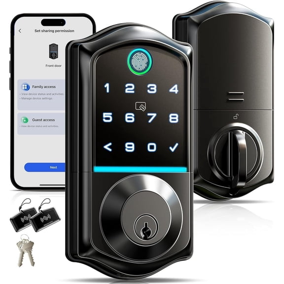 Veise Fingerprint Smart Door Lock, App Control, 7-in-1 Keyless Entry, Auto Lock, Emergency Power Port, Electronic Touchscreen Keypad, Biometric Smart Locks for Front Door, Matte Black