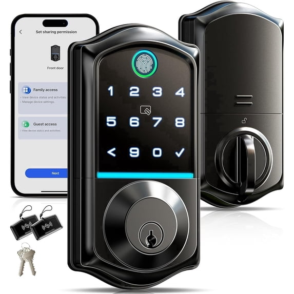 Veise Fingerprint Smart Door Lock, Keyless Entry, Electronic Touchscreen Keypad, App Control, Easy Install, Matte Black