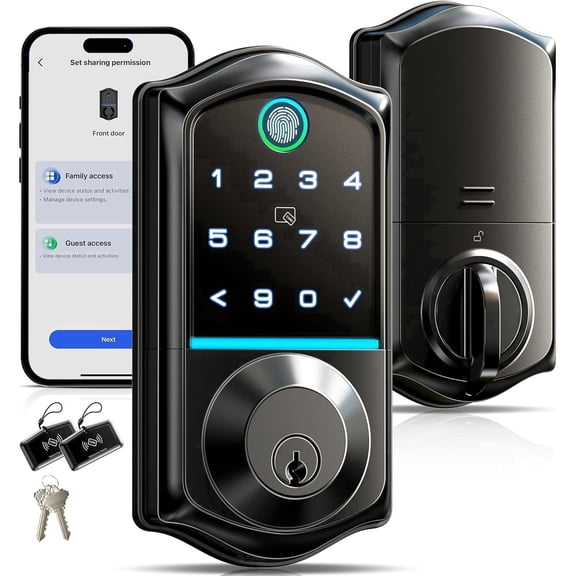 Veise Fingerprint Smart Door Lock, Keyless Entry, Electronic Touchscreen Keypad, App Control, Easy Install, Matte Black