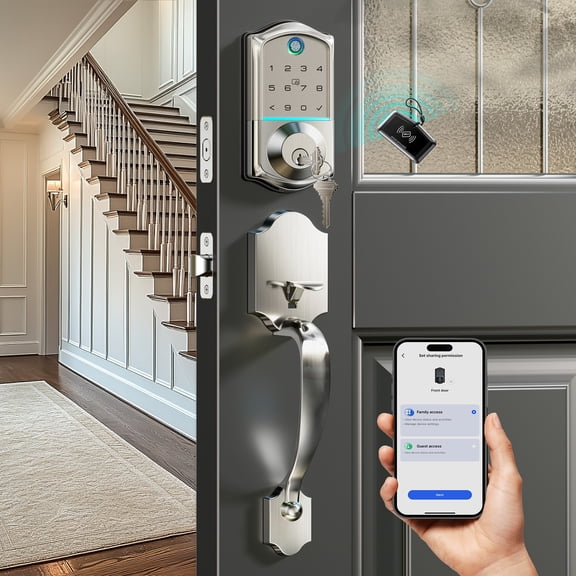 Veise Fingerprint Smart Front Door Lock with Handle Set, App Control Keyless Entry, Touchscreen Keypad, Emergency Power Port, Auto Lock, Easy Install, Metal Satin Nickel