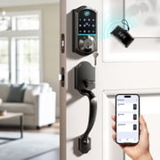 Veise Fingerprint Smart Front Door Lock with Handle Set, App Control Keyless Entry, Touchscreen Keypad, Emergency Power Port, Auto Lock, Easy Install, Matte Bla