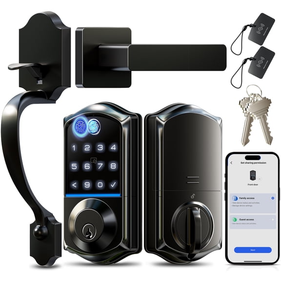 Veise VE017-H 8-in-1 Fingerprint Smart Front Door Lock Set, Matte Black App Control, Remote Access Sharing, Touchscreen Keypad Deadbolt, Zinc Alloy, Emergency Power Port, Auto Lock, Easy Install