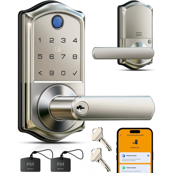 Veise Fingerprint Smart Lever Lock - APP Control, Keypad Door Lock with Handle, Keyless Entry for Front Door and Bedroom, Electronic Digital Knob, Remote Grant, IP55 Weatherproof, Satin Nickel