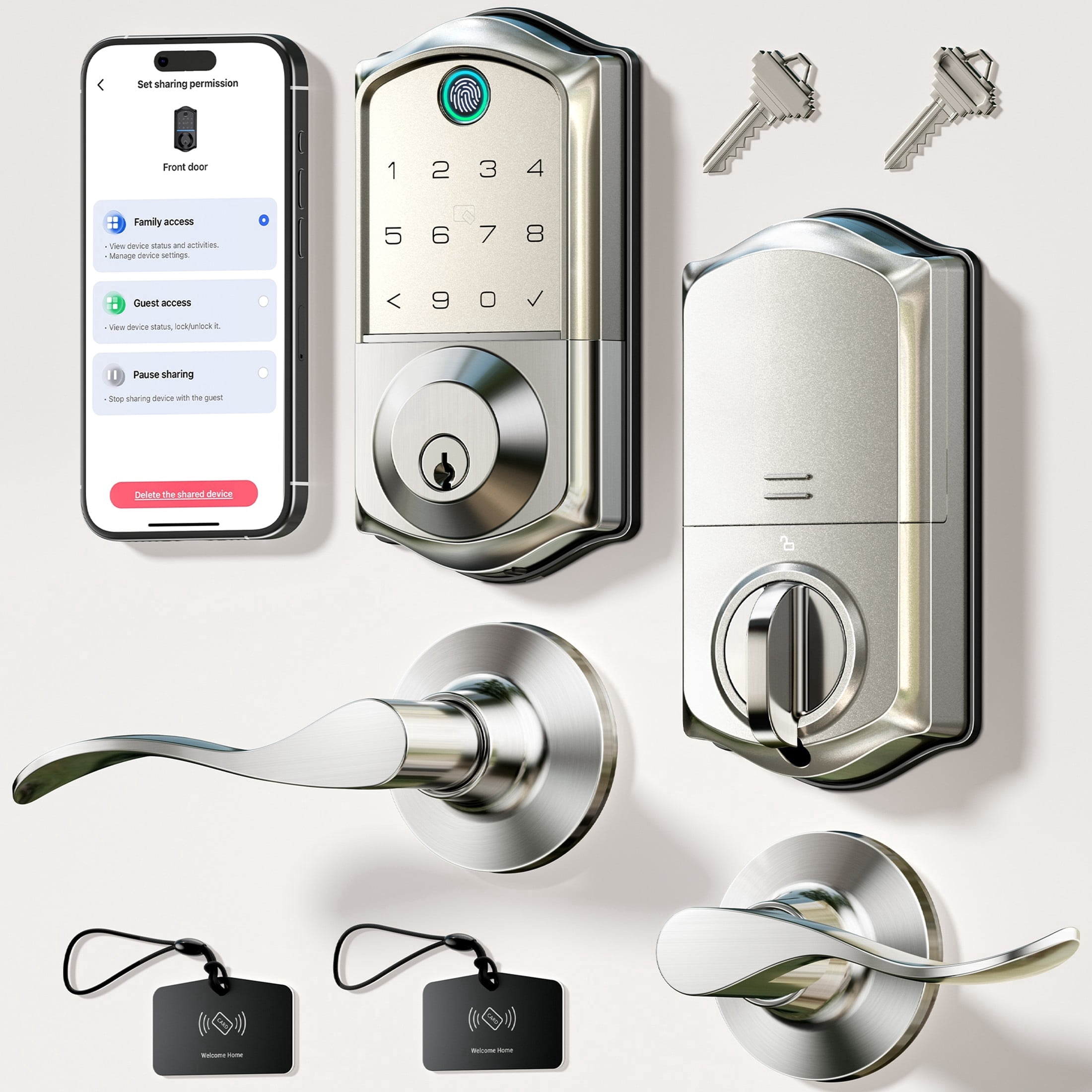 Veise Fingerprint Smart Lock with 2 Lever Handles, Keyless Entry Front Door Lock Set, App Control, Electronic Digital Keypad Deadbolt, Satin Nickel