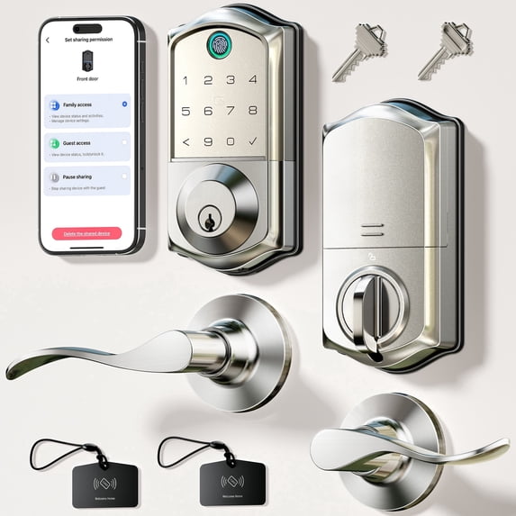 Veise Fingerprint Smart Lock with 2 Lever Handles, Keyless Entry Front Door Lock Set, App Control, Electronic Digital Keypad Deadbolt, Satin Nickel