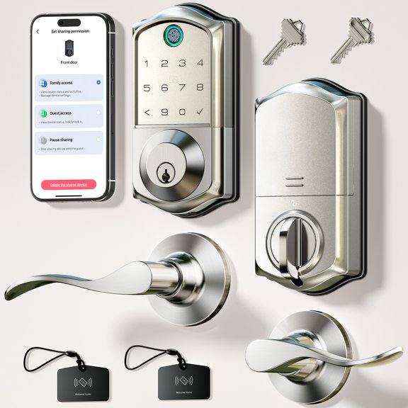 Veise Fingerprint Smart Lock with 2 Lever Handles, Keyless Entry Front Door Lock Set, App Control, Electronic Digital Keypad Deadbolt, Easy Installation, Emergency Power Port, Satin Nickel