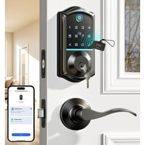 Veise Fingerprint Smart Lock with 2 Lever Handles, Keyless Entry Front Door Lock Set, App Control, Electronic Digital Keypad Deadbolt, Easy Installation, Emergency Power Port, Matte Black