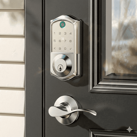 Veise Fingerprint Smart Lock with 2 Lever Handles, Keyless Entry Front Door Lock Set, App Control, Electronic Digital Keypad Deadbolt, Easy Installation, Emergency Power Port, Satin Nickel