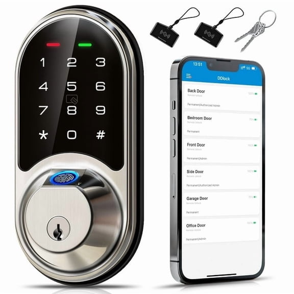 Veise Fingerprint Smart Locks for Front Door, Keyless Entry Door Lock with App Control, Biometric Electronic Touchscreen Keypad Deadbolt, Satin Nickel