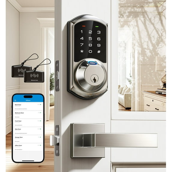 Veise Fingerprint Smart Locks for Front Door with Handle Set, App Control, Keyless Entry, Electronic Digital Keypad Deadbolt, Auto Lock, Waterproof, Easy to Install, Satin Nickel