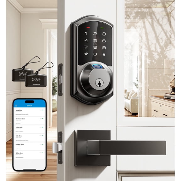 Veise Fingerprint Smart Locks for Front Door with 2 Lever Handle Set, App Control, Keyless Entry, Electronic Digital Keypad Deadbolt, Auto Lock, Waterproof, Easy to Install, Matte Black